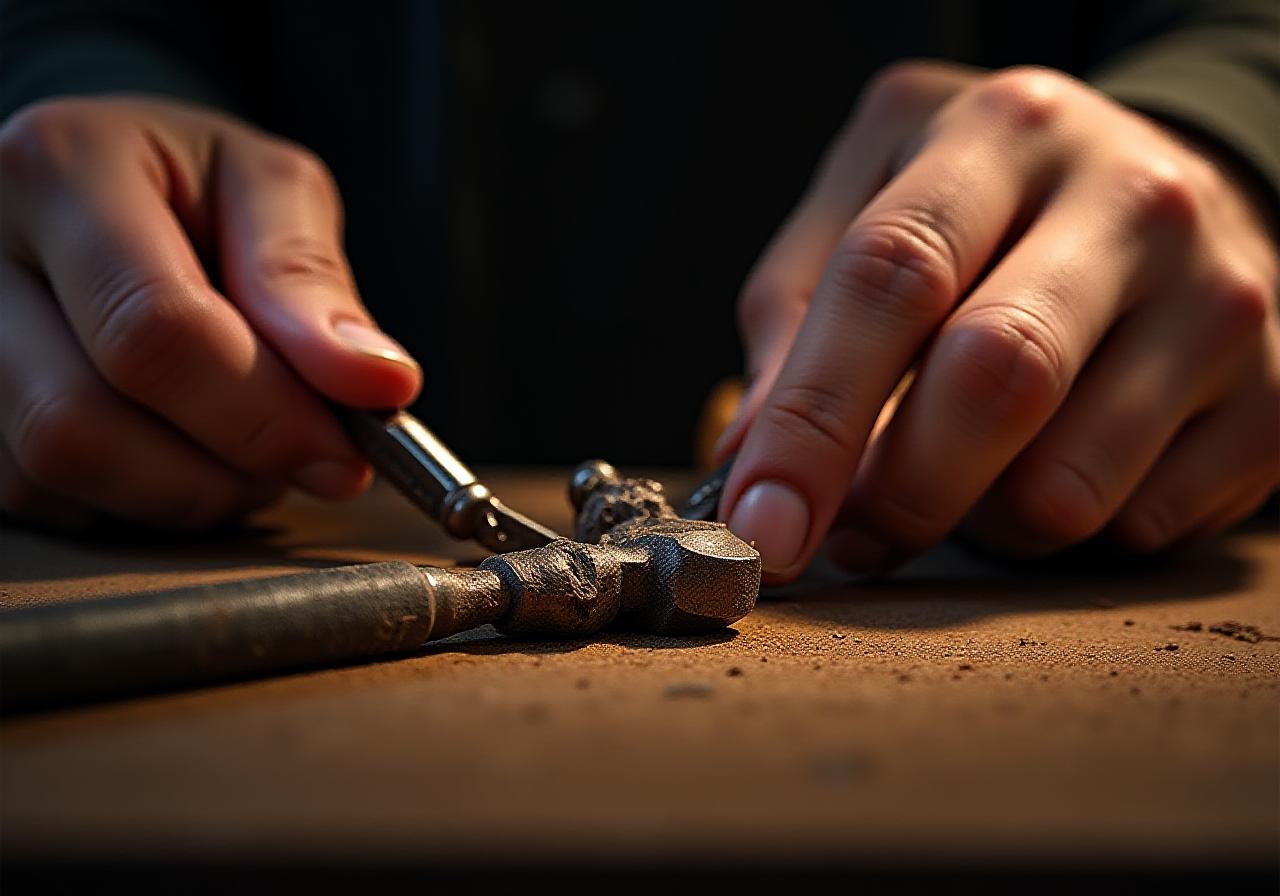 Close up of master artisan hands working with precision tools