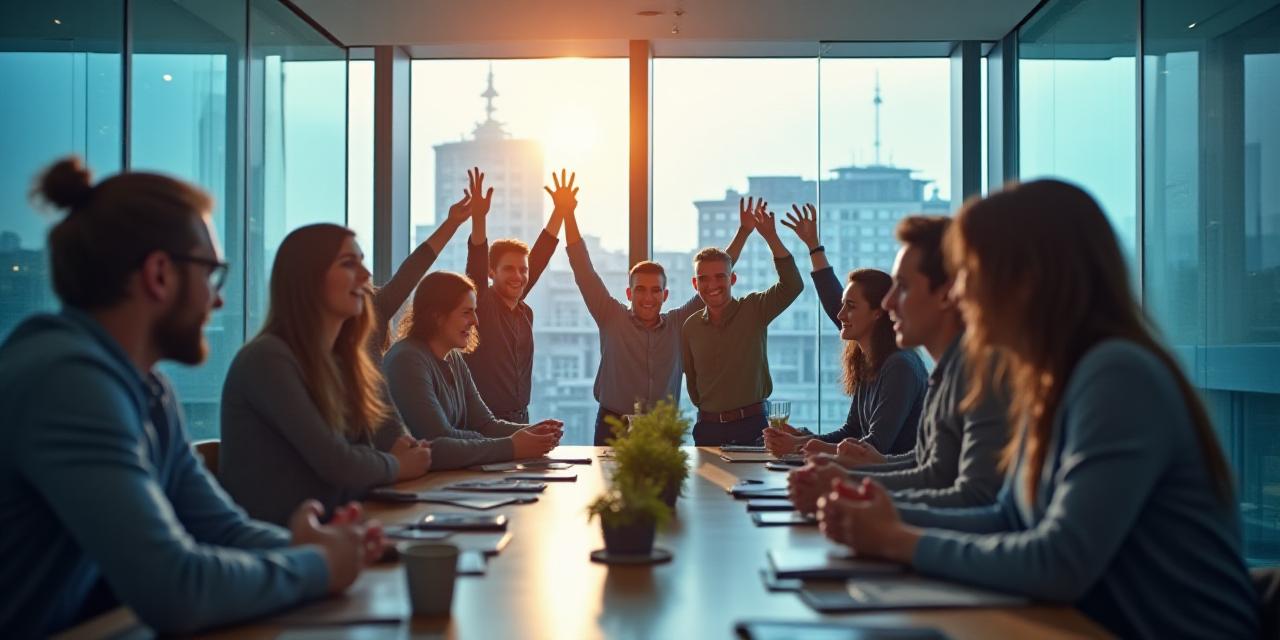 Team of fintech developers celebrating a milestone in London